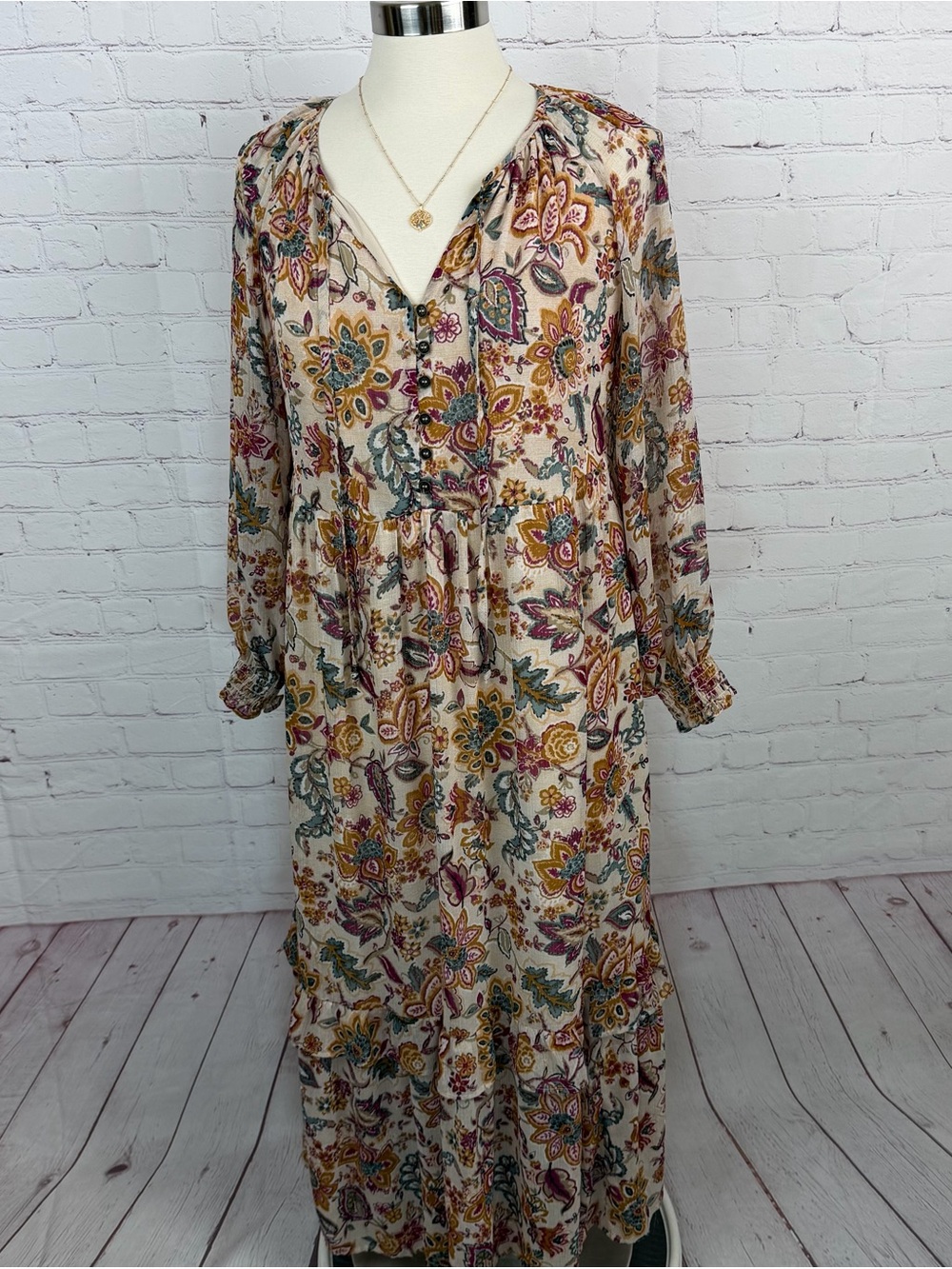 Kate & Sam Cream Boho Floral Tiered Maxi Dress Sz small Romantic, Whimsigoth